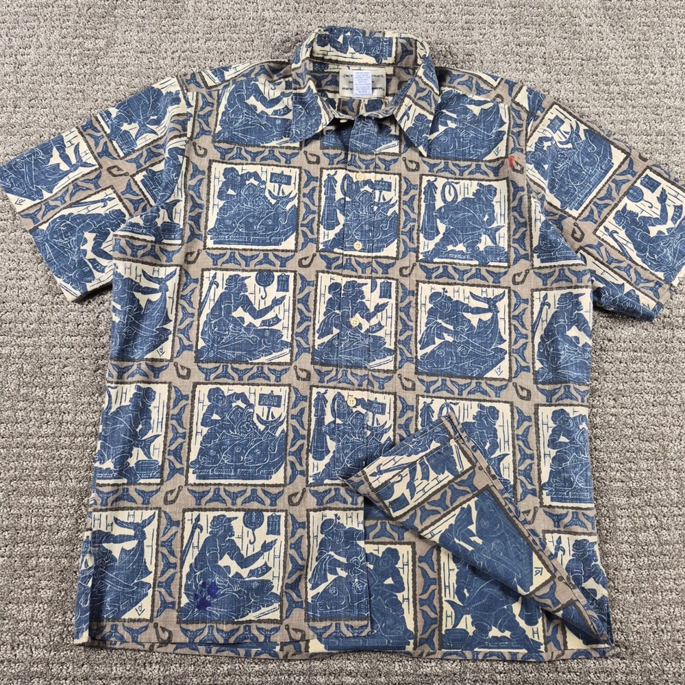 Reyn Spooner Dietrich Varez Shirt Mens L Blue Ahi Reverse Print Aloha Hawaiian